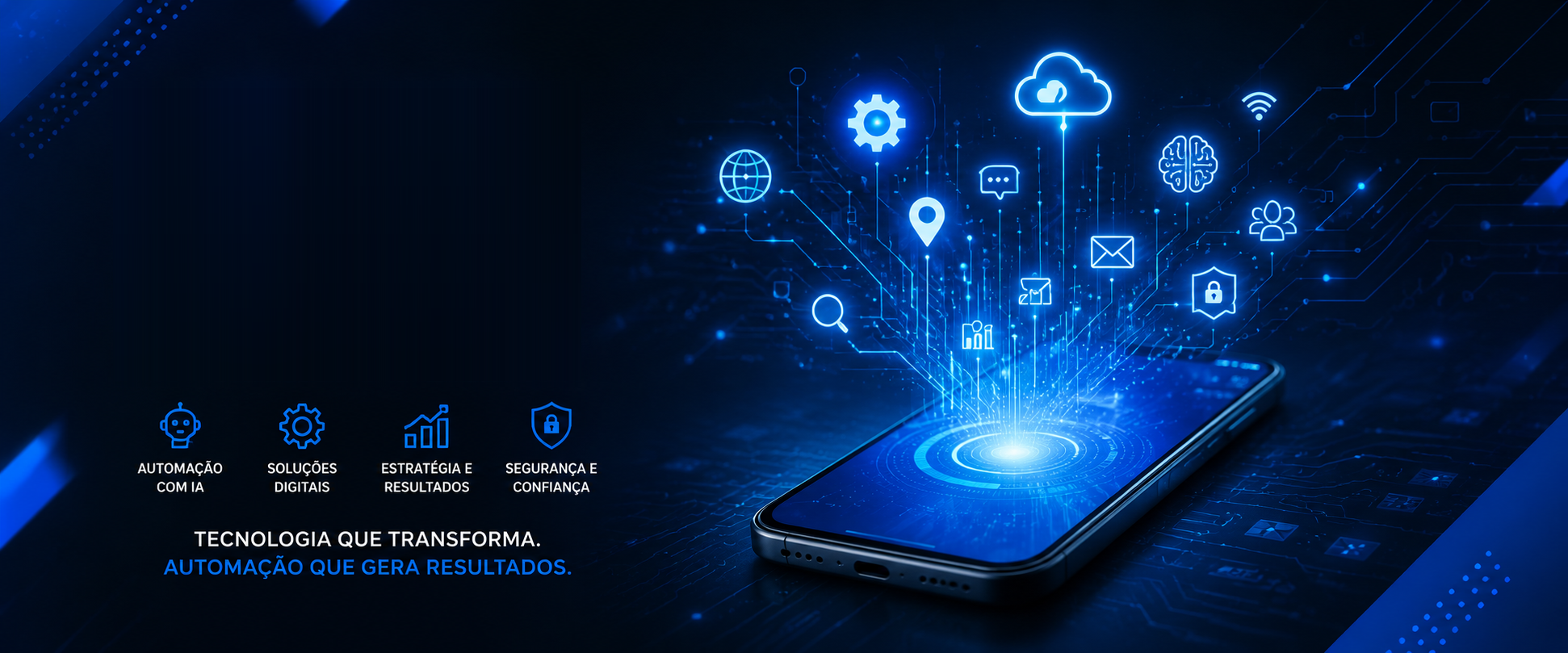 Automação com IA, soluções digitais, estratégia e resultados, segurança e confiança